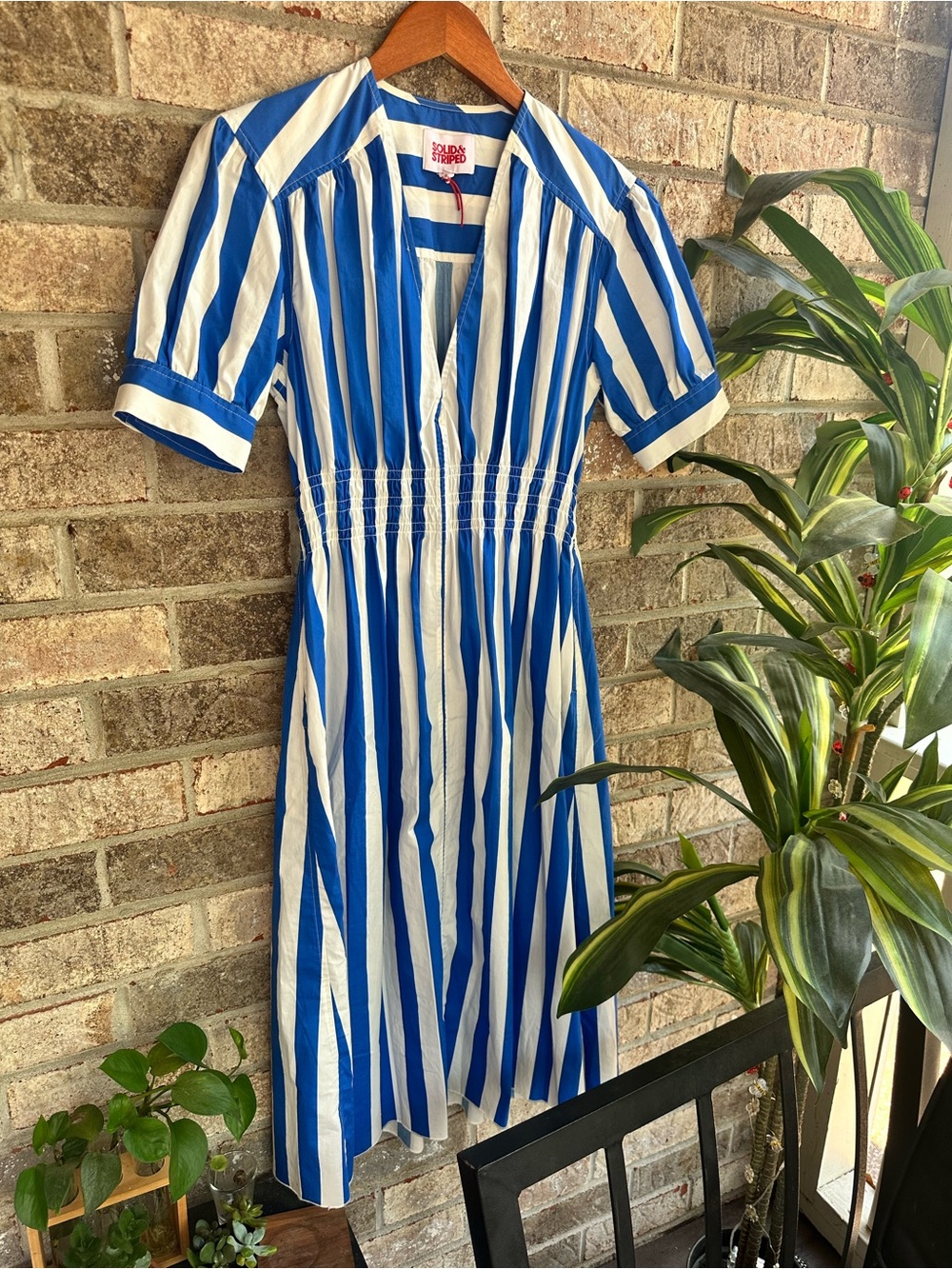 SOLID & STRIPED Blue & White Striped Midi Delilah v neck Cotton Dress w/pockets